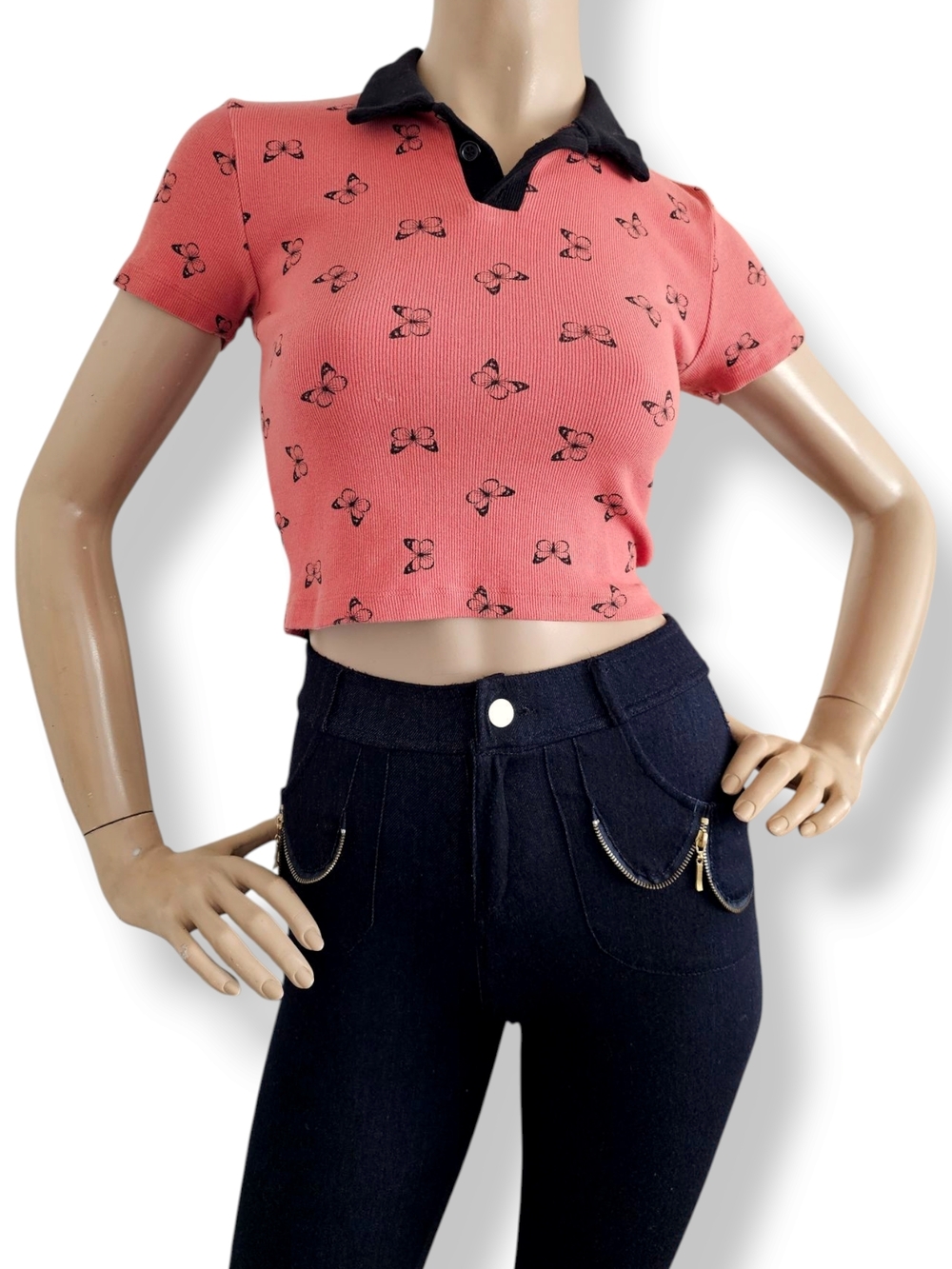 Forever 21 Orange & Black Butterfly Print Cropped Polo Top Size Medium
